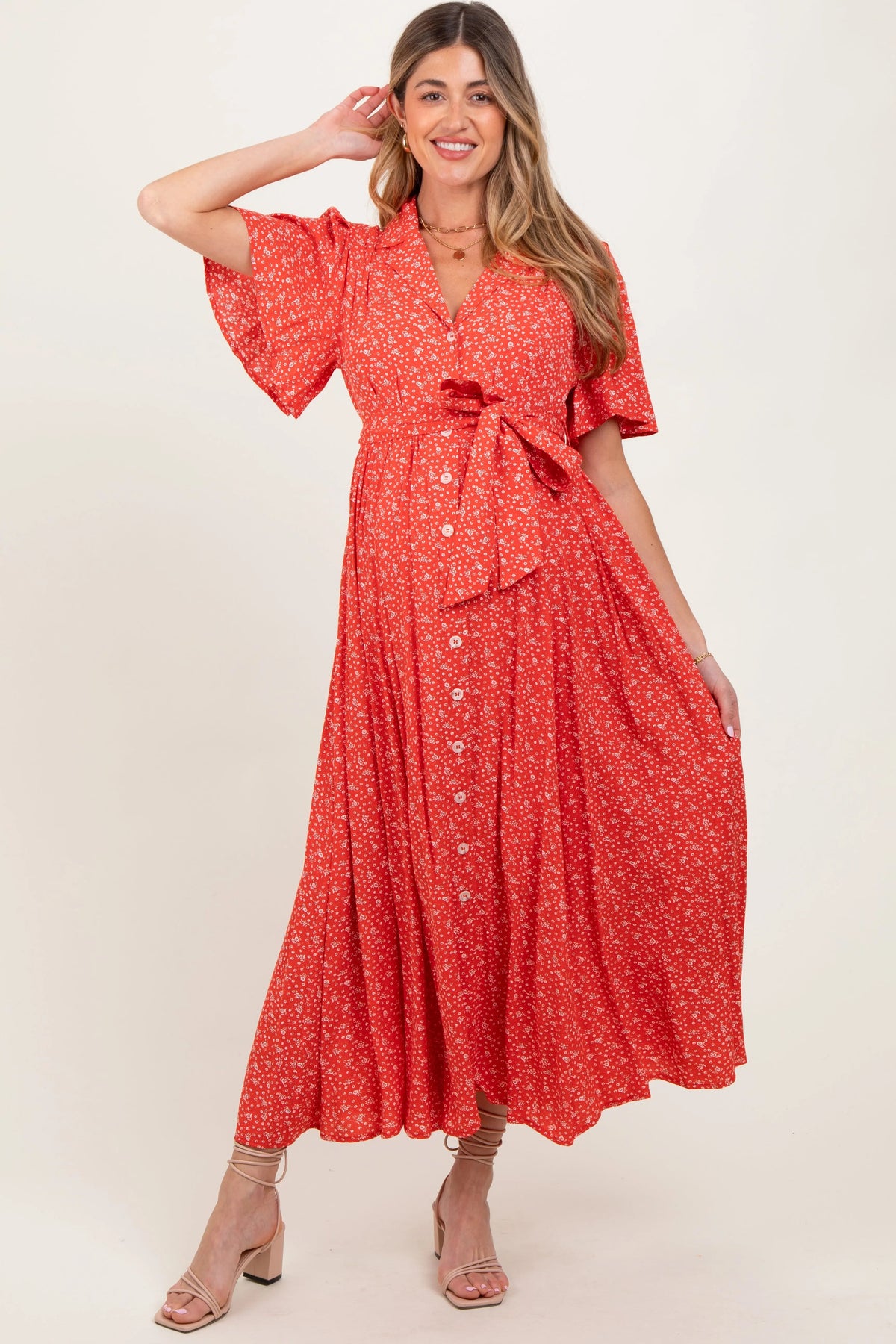 PinkBlush Red Flutter Sleeve Button Down Maternity Maxi Dress - 