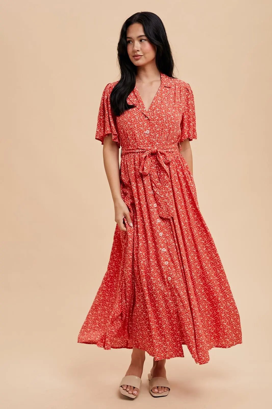 PinkBlush Red Flutter Sleeve Button Down Maxi Dress - 