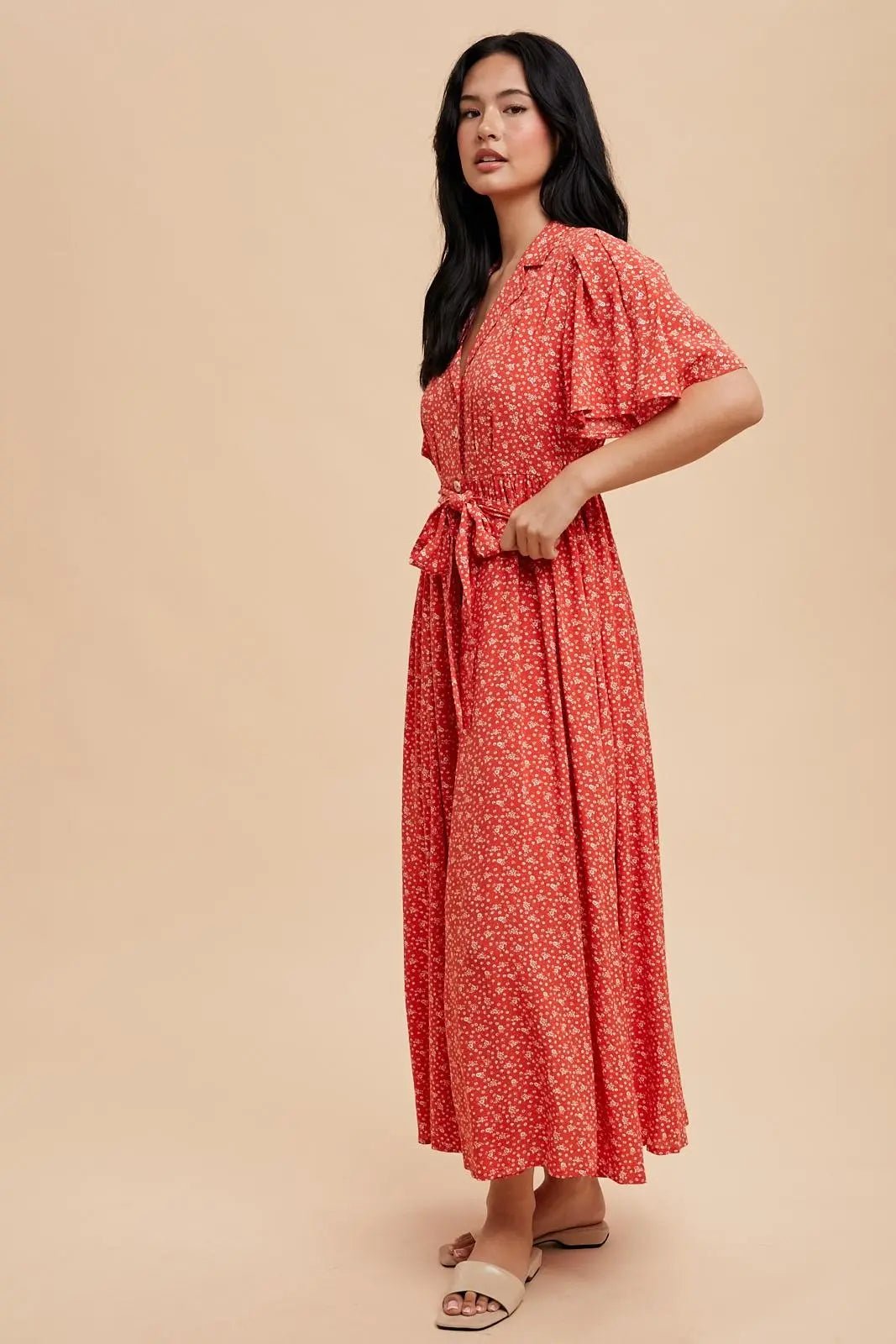 PinkBlush Red Flutter Sleeve Button Down Maxi Dress - 