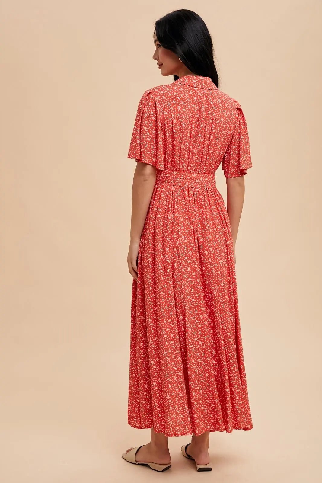 PinkBlush Red Flutter Sleeve Button Down Maxi Dress - 