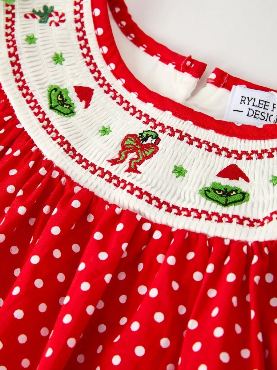 Rylee Faith Designs Red Holiday Baby Girls Dress With Festive Embroidery - Everetts Place Boutique - 