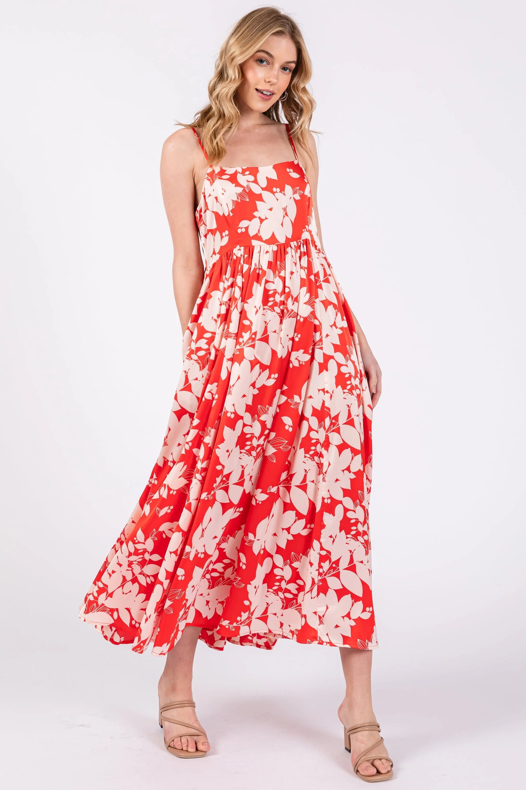 PinkBlush Red Leaf Print Satin Square Neck Midi Dress - 