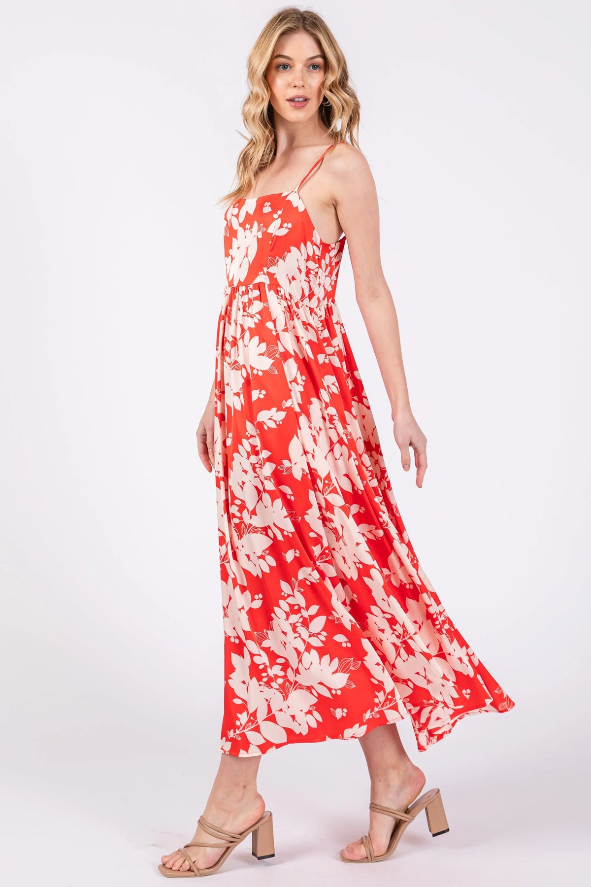 PinkBlush Red Leaf Print Satin Square Neck Midi Dress - 