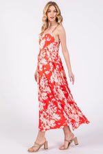 PinkBlush Red Leaf Print Satin Square Neck Midi Dress - 