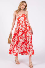 PinkBlush Red Leaf Print Satin Square Neck Midi Dress - 