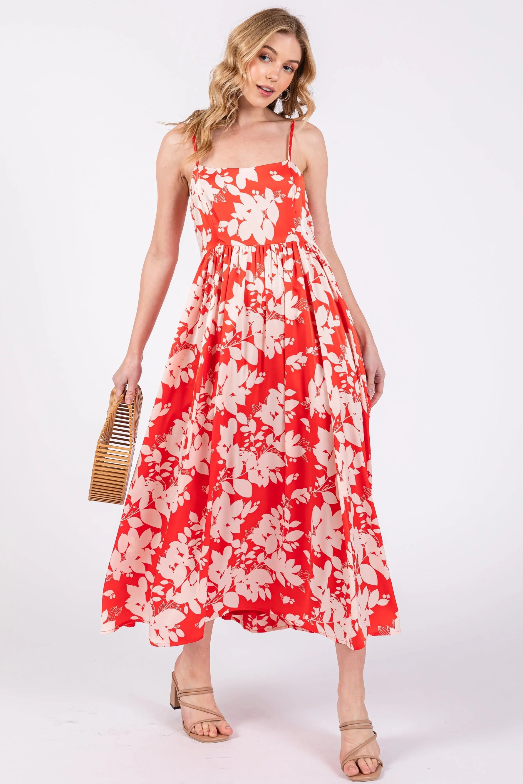 PinkBlush Red Leaf Print Satin Square Neck Midi Dress - 