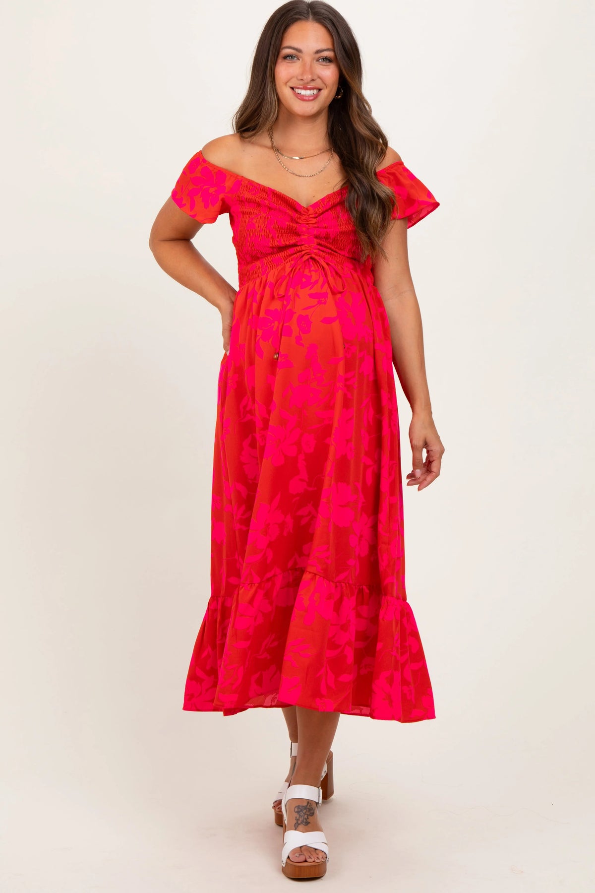 PinkBlush Red Multi Smocked Top Maternity Maxi Dress - 