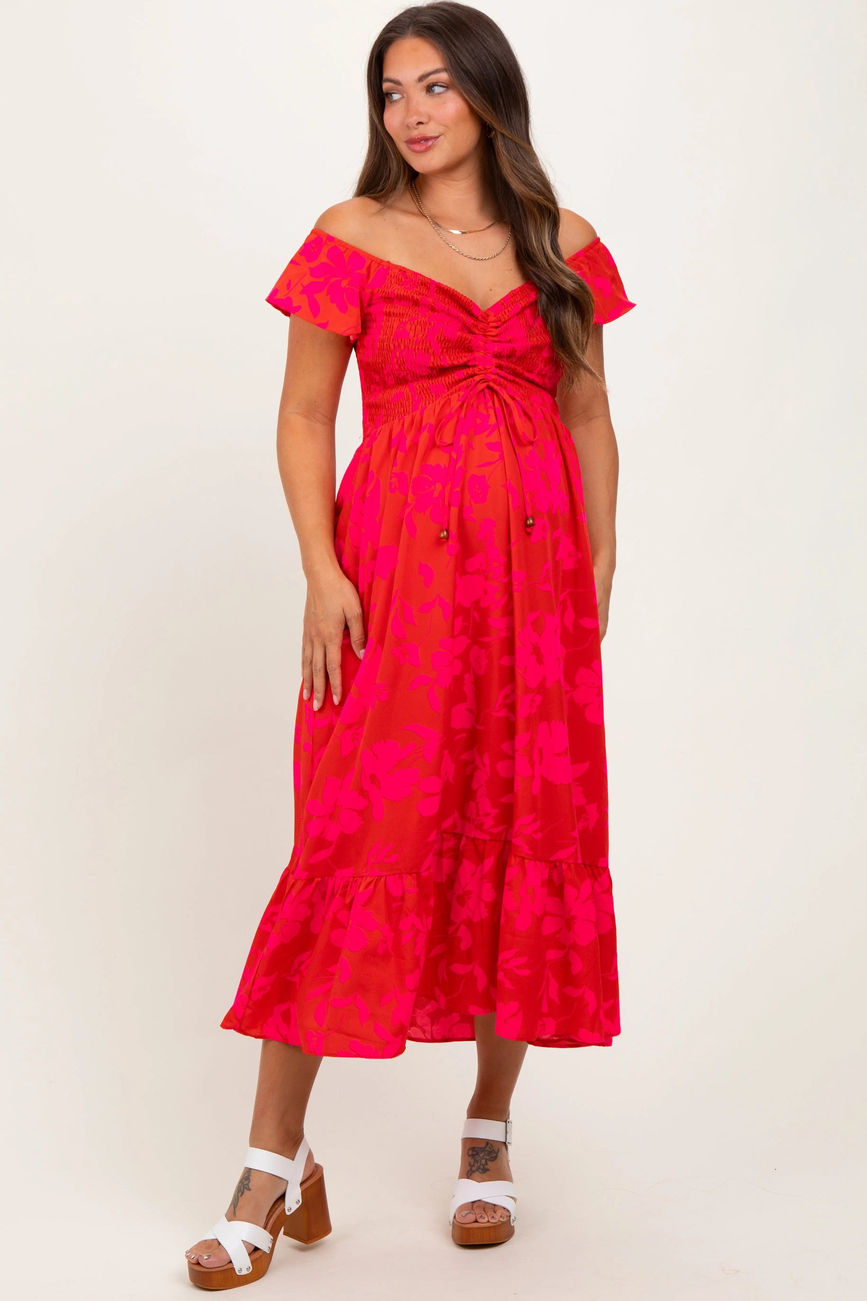 PinkBlush Red Multi Smocked Top Maternity Maxi Dress - 