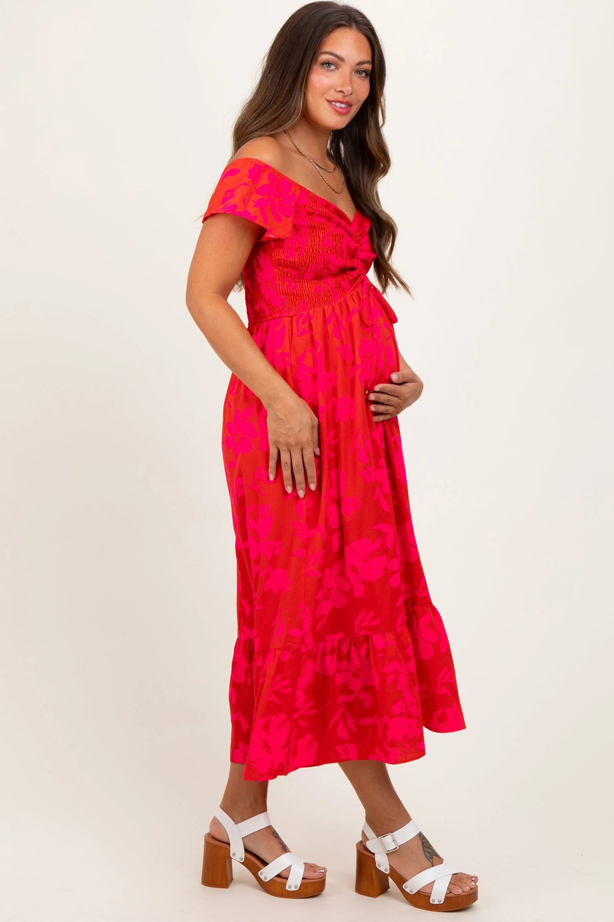 PinkBlush Red Multi Smocked Top Maternity Maxi Dress - 