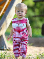 Rylee Faith Designs Red Plaid Smocked Church Christ Bishop Christening Baby Boys Romper - Everetts Place Boutique - 