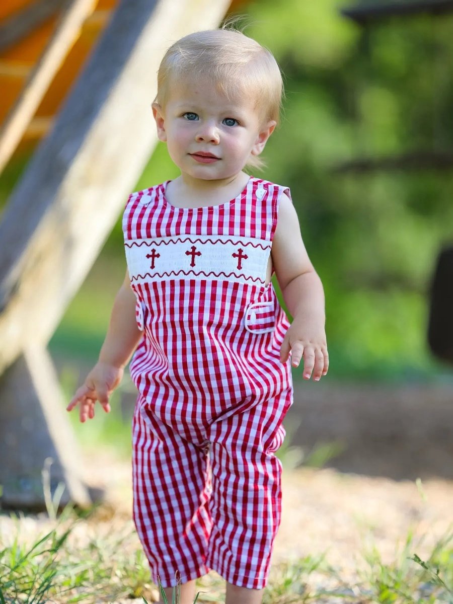 Rylee Faith Designs Red Plaid Smocked Church Christ Bishop Christening Baby Boys Romper - Everetts Place Boutique - 