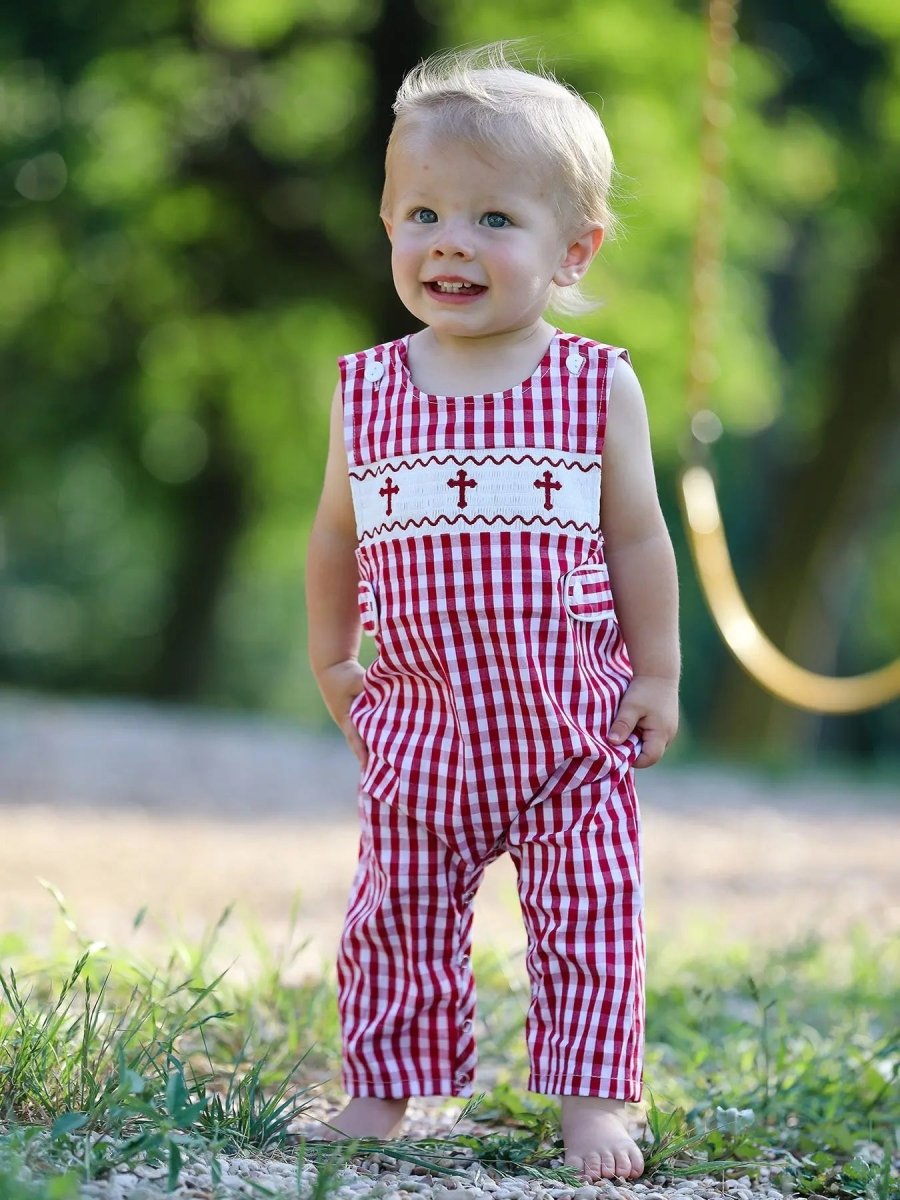 Rylee Faith Designs Red Plaid Smocked Church Christ Bishop Christening Baby Boys Romper - Everetts Place Boutique - 