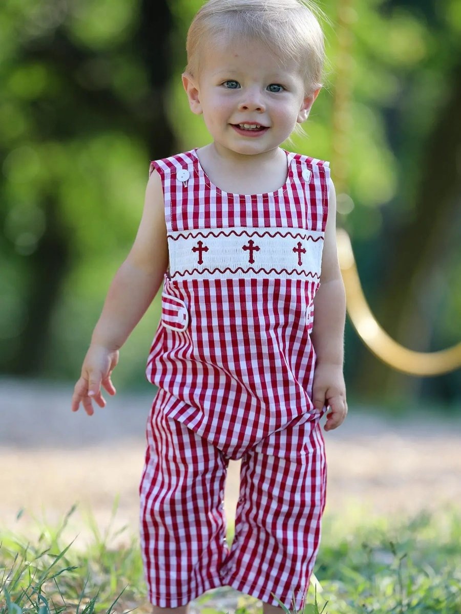 Rylee Faith Designs Red Plaid Smocked Church Christ Bishop Christening Baby Boys Romper - Everetts Place Boutique - 