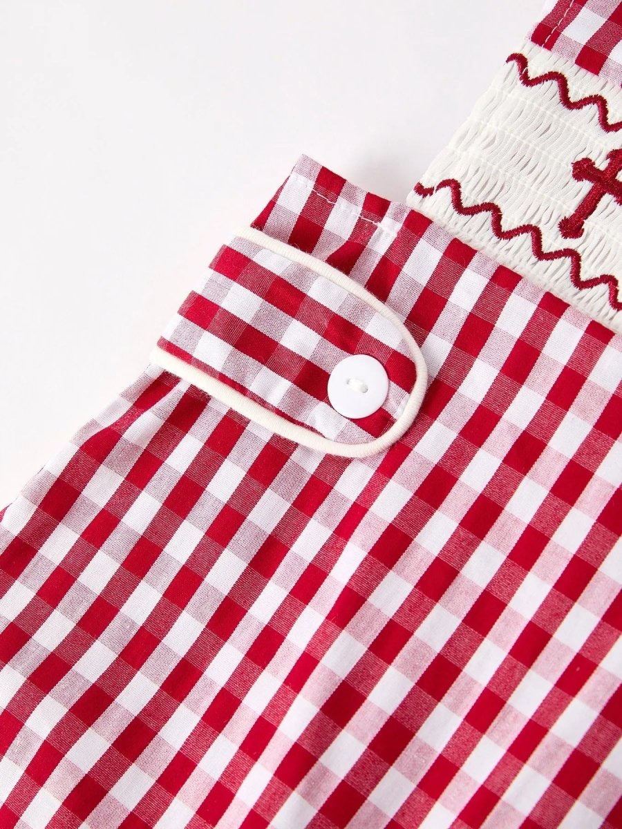 Rylee Faith Designs Red Plaid Smocked Church Christ Bishop Christening Baby Boys Romper - Everetts Place Boutique - 