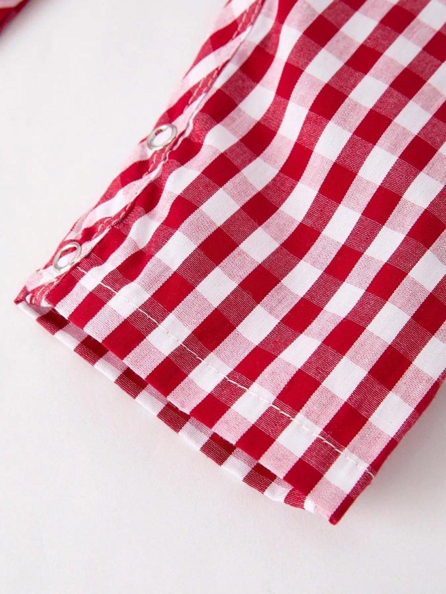 Rylee Faith Designs Red Plaid Smocked Church Christ Bishop Christening Baby Boys Romper - Everetts Place Boutique - 