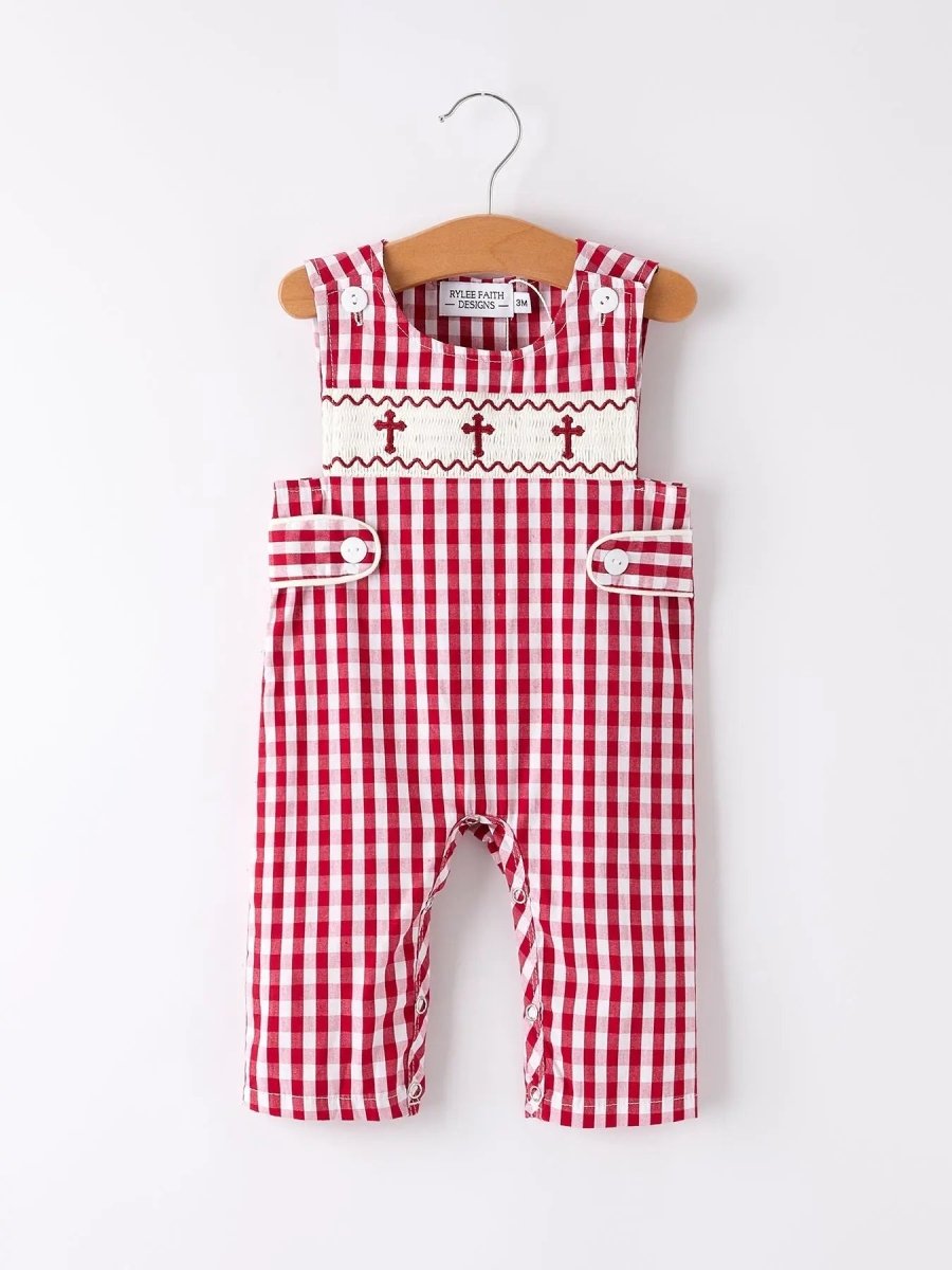 Rylee Faith Designs Red Plaid Smocked Church Christ Bishop Christening Baby Boys Romper - Everetts Place Boutique - 