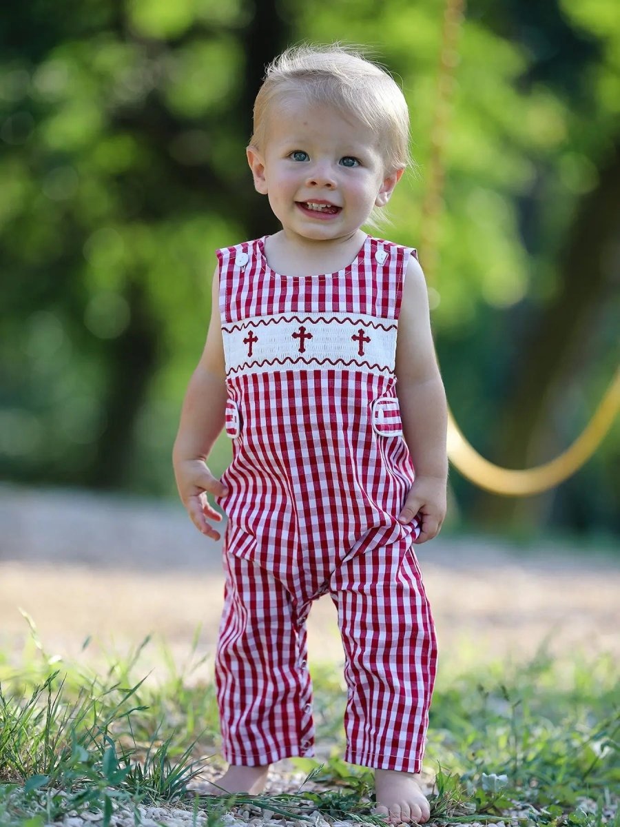 Rylee Faith Designs Red Plaid Smocked Church Christ Bishop Christening Baby Boys Romper - Everetts Place Boutique - 