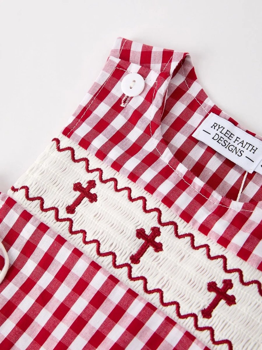 Rylee Faith Designs Red Plaid Smocked Church Christ Bishop Christening Baby Boys Romper - Everetts Place Boutique - 