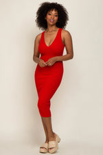 PinkBlush Red Ribbed Knit Fitted V - Neck Maternity Midi Dress - 