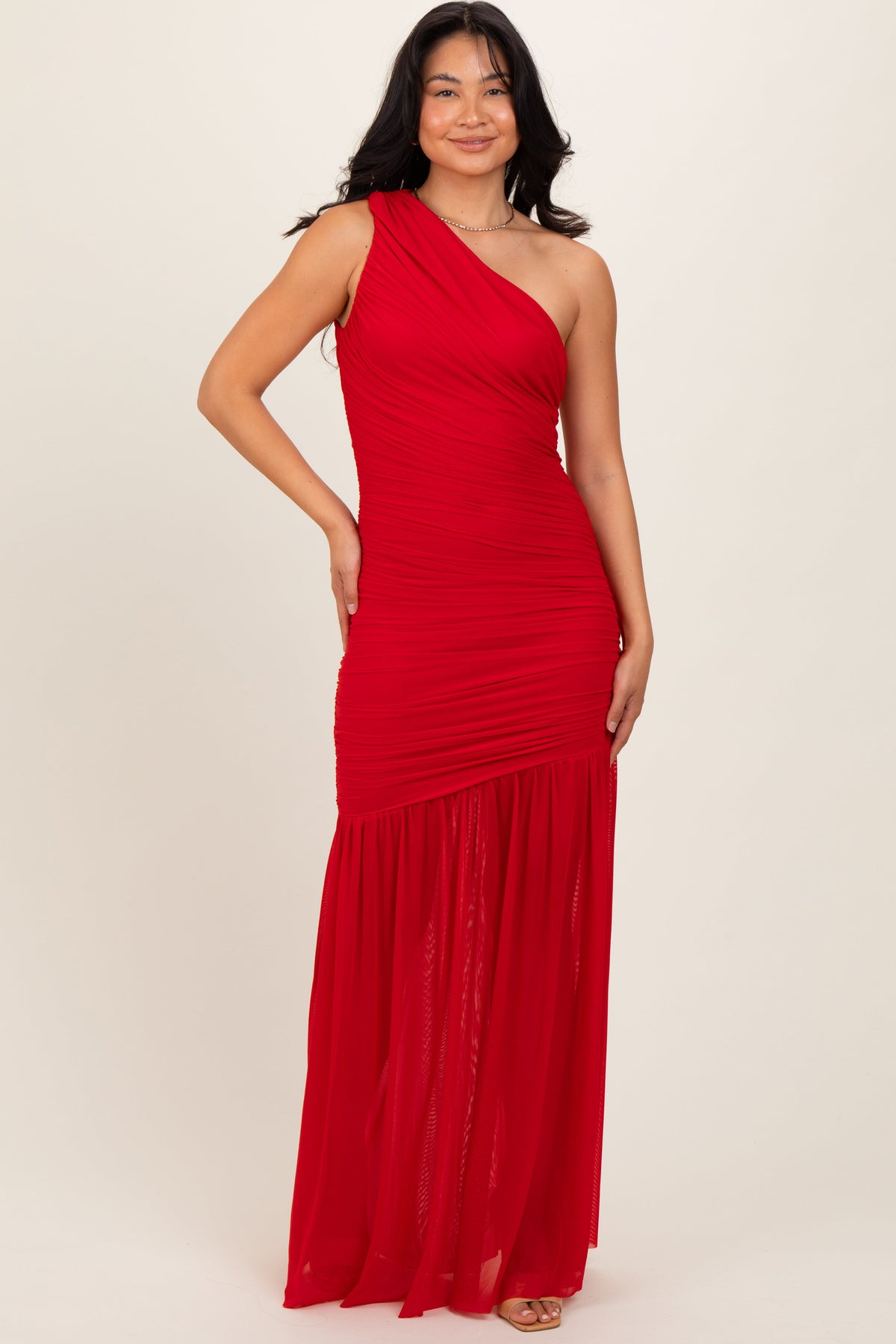 PinkBlush Red Ruched Mesh One Shoulder Maternity Maxi DressEveretts Place