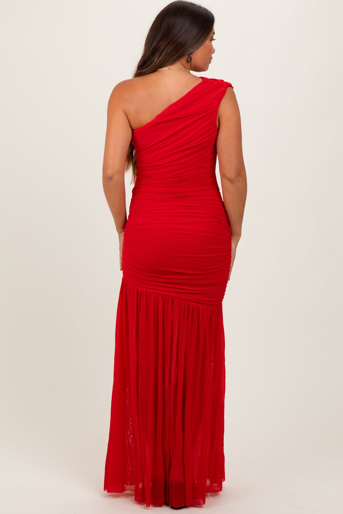 PinkBlush Red Ruched Mesh One Shoulder Maternity Maxi DressEveretts Place