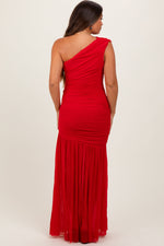 PinkBlush Red Ruched Mesh One Shoulder Maternity Maxi DressEveretts Place