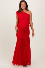 PinkBlush Red Ruched Mesh One Shoulder Maternity Maxi DressEveretts Place