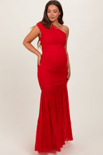 PinkBlush Red Ruched Mesh One Shoulder Maternity Maxi DressEveretts Place