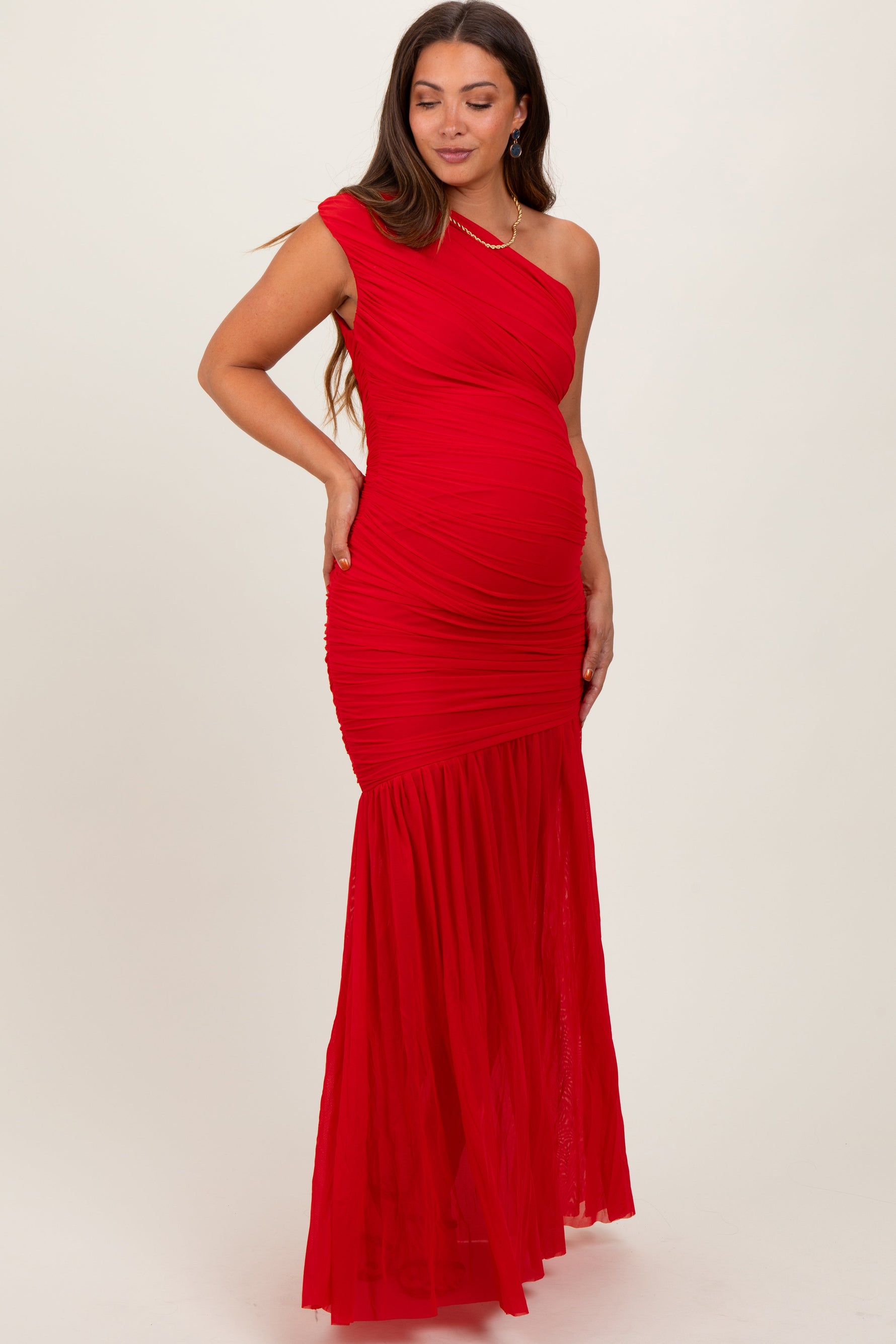 PinkBlush Red Ruched Mesh One Shoulder Maternity Maxi DressEveretts Place