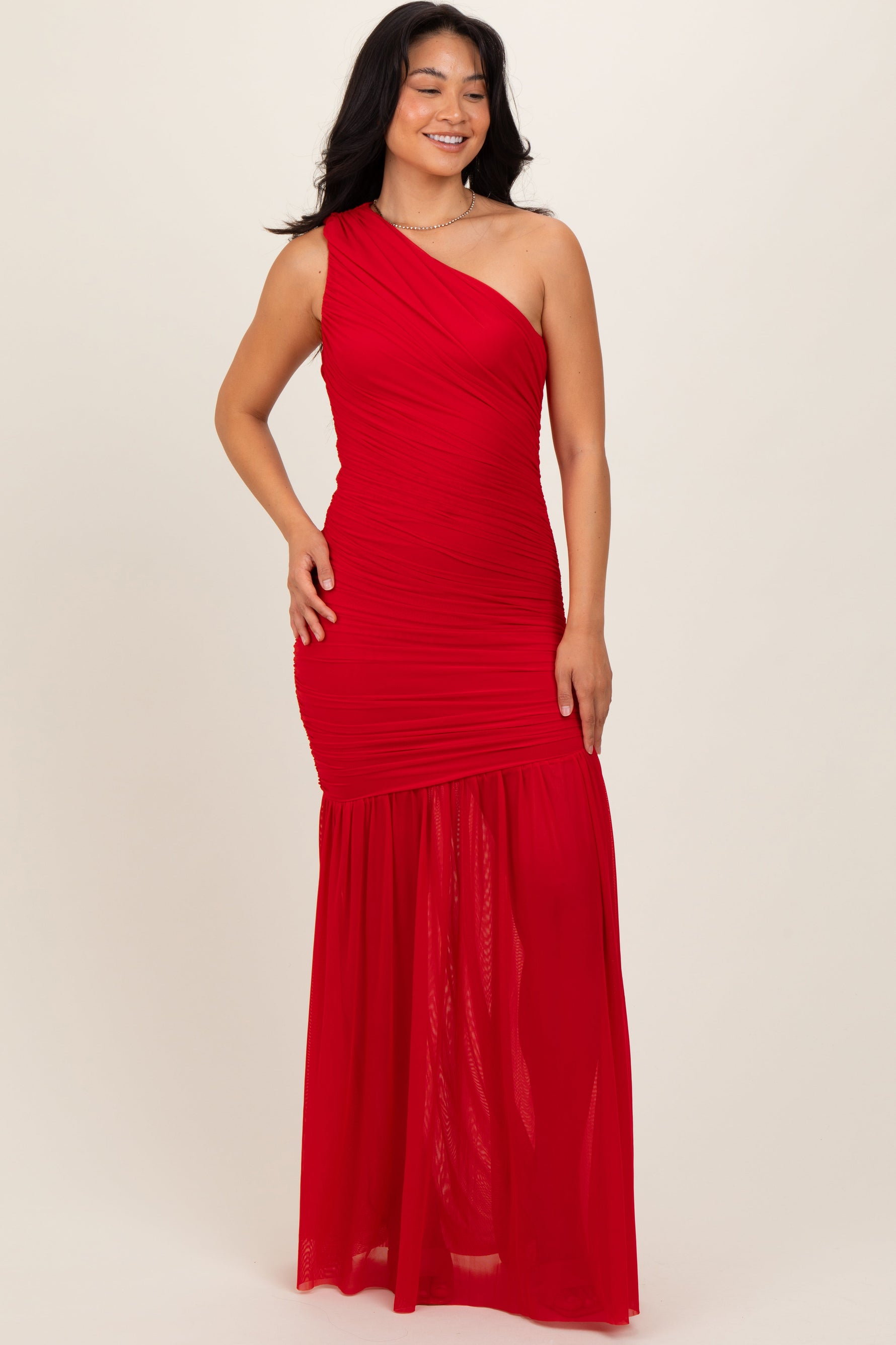 PinkBlush Red Ruched Mesh One Shoulder Maxi DressEveretts Place