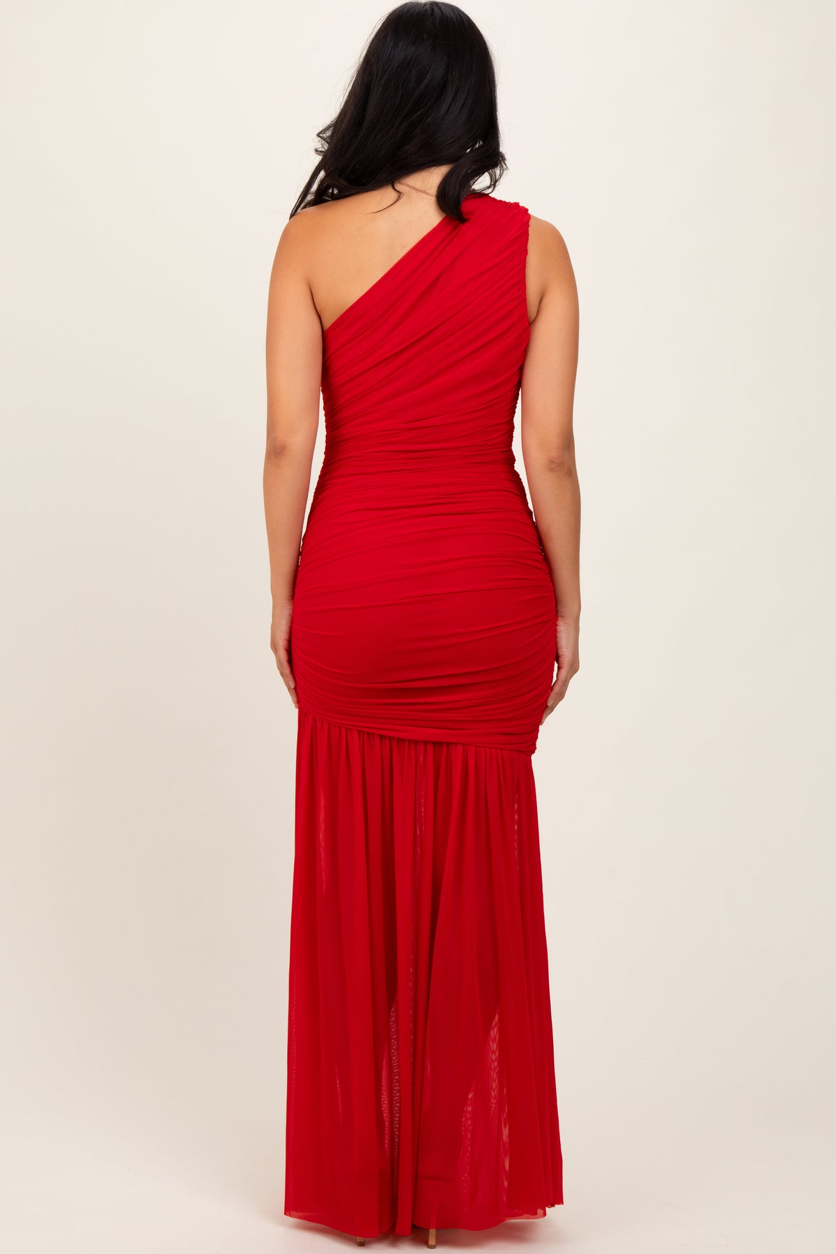 PinkBlush Red Ruched Mesh One Shoulder Maxi DressEveretts Place