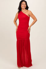 PinkBlush Red Ruched Mesh One Shoulder Maxi DressEveretts Place