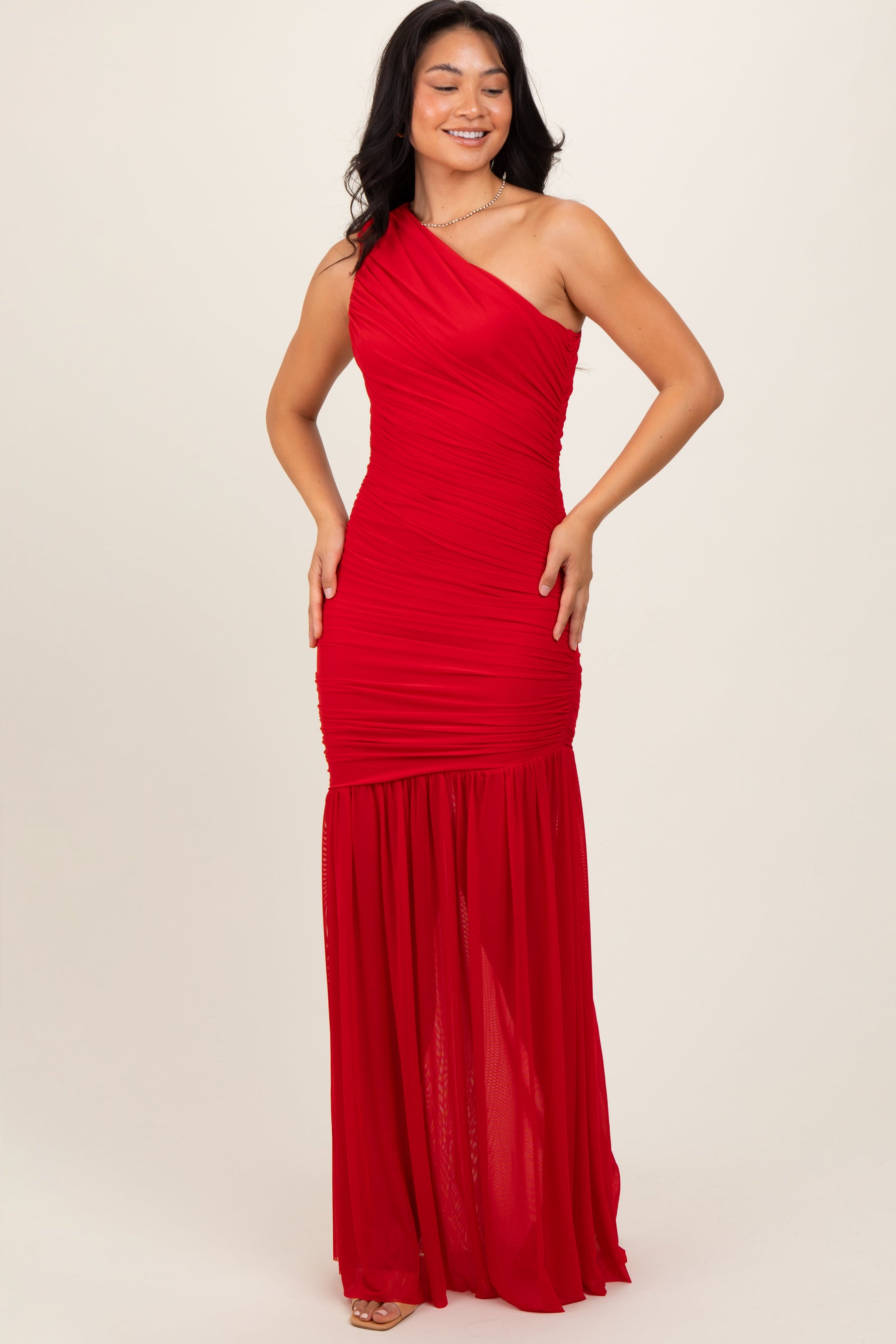 PinkBlush Red Ruched Mesh One Shoulder Maxi DressEveretts Place