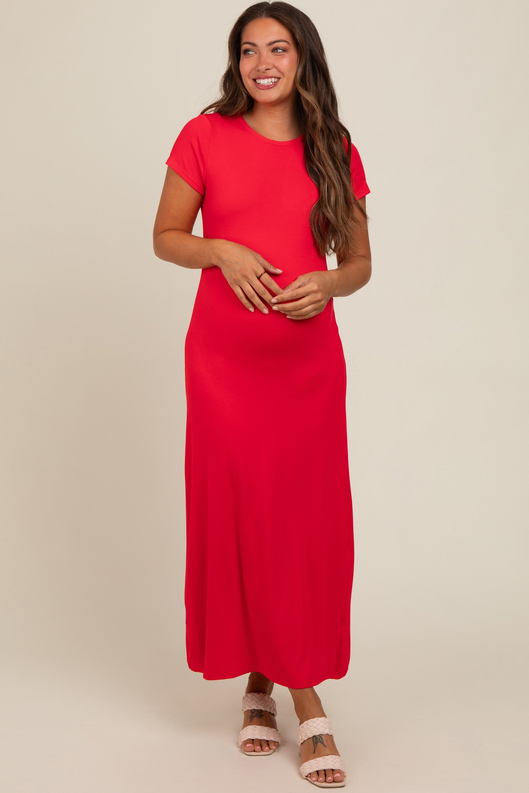 PinkBlush Red Short Sleeve Maternity Midi T-Shirt Dress - 
