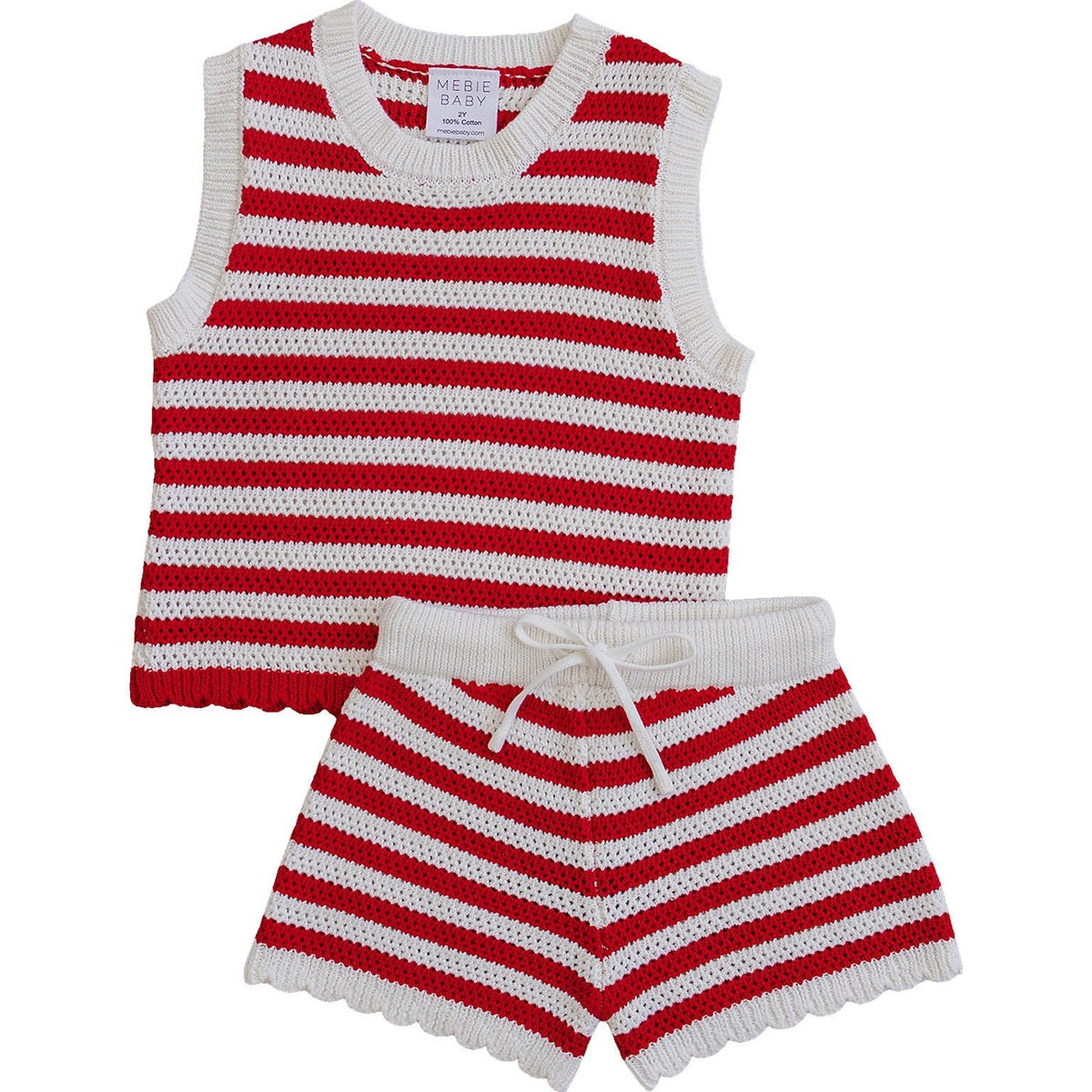Red Stripe Knit Short Tank Set - White, Baby & Toddler Clothing, Pink, Sleeveless shirt, Pom-pom | Everetts Place