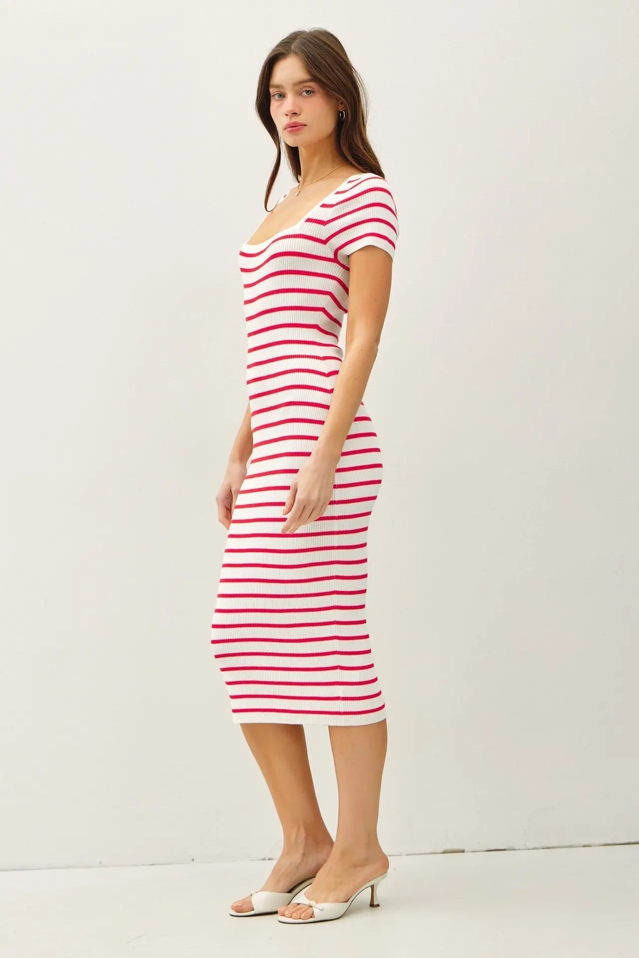 PinkBlush Red Striped Square Neck Short Sleeve Midi Dress - 