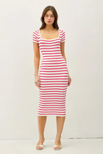 PinkBlush Red Striped Square Neck Short Sleeve Midi Dress - 
