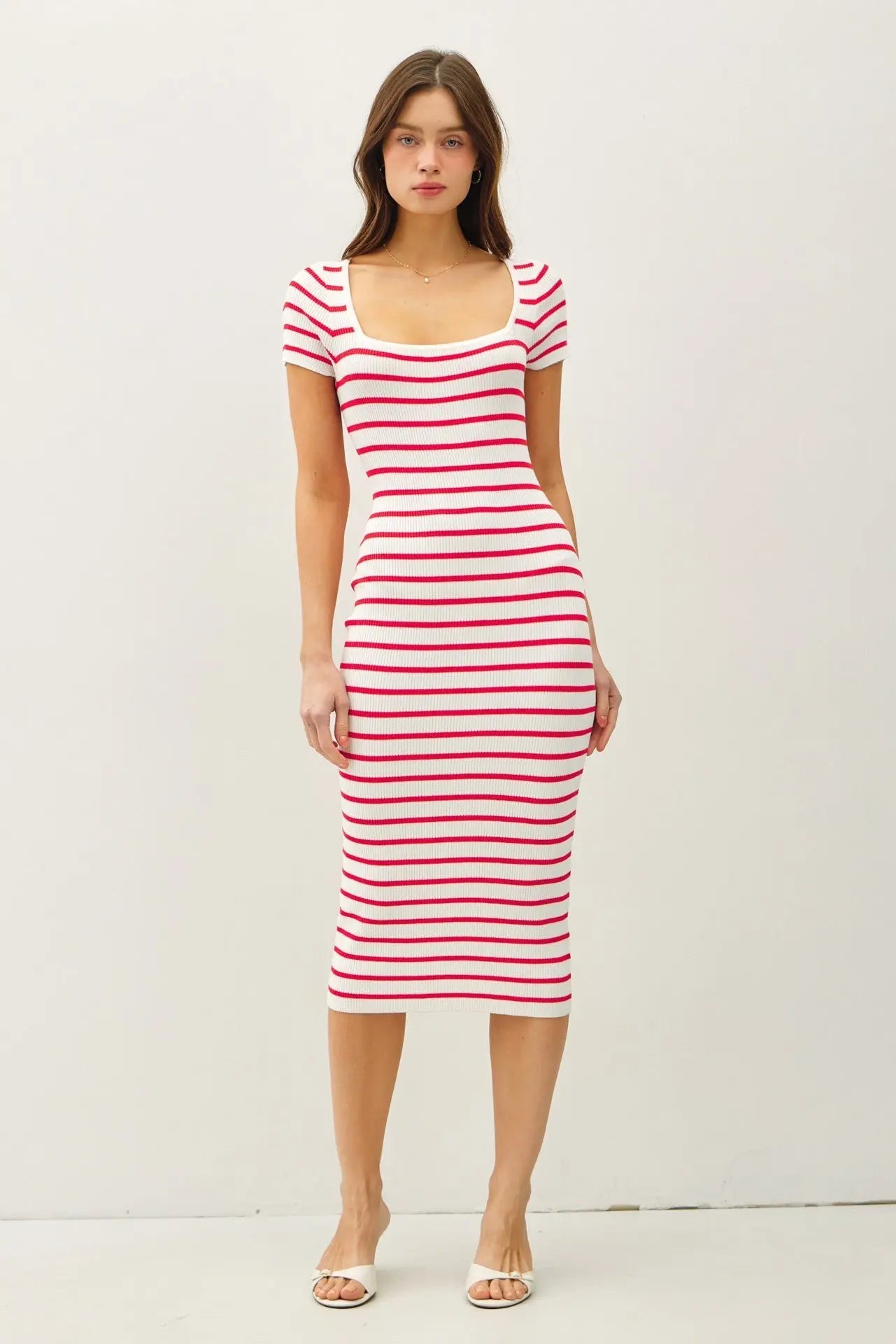 PinkBlush Red Striped Square Neck Short Sleeve Midi Dress - 