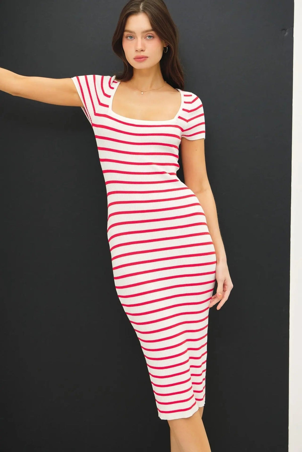 PinkBlush Red Striped Square Neck Short Sleeve Midi Dress - 