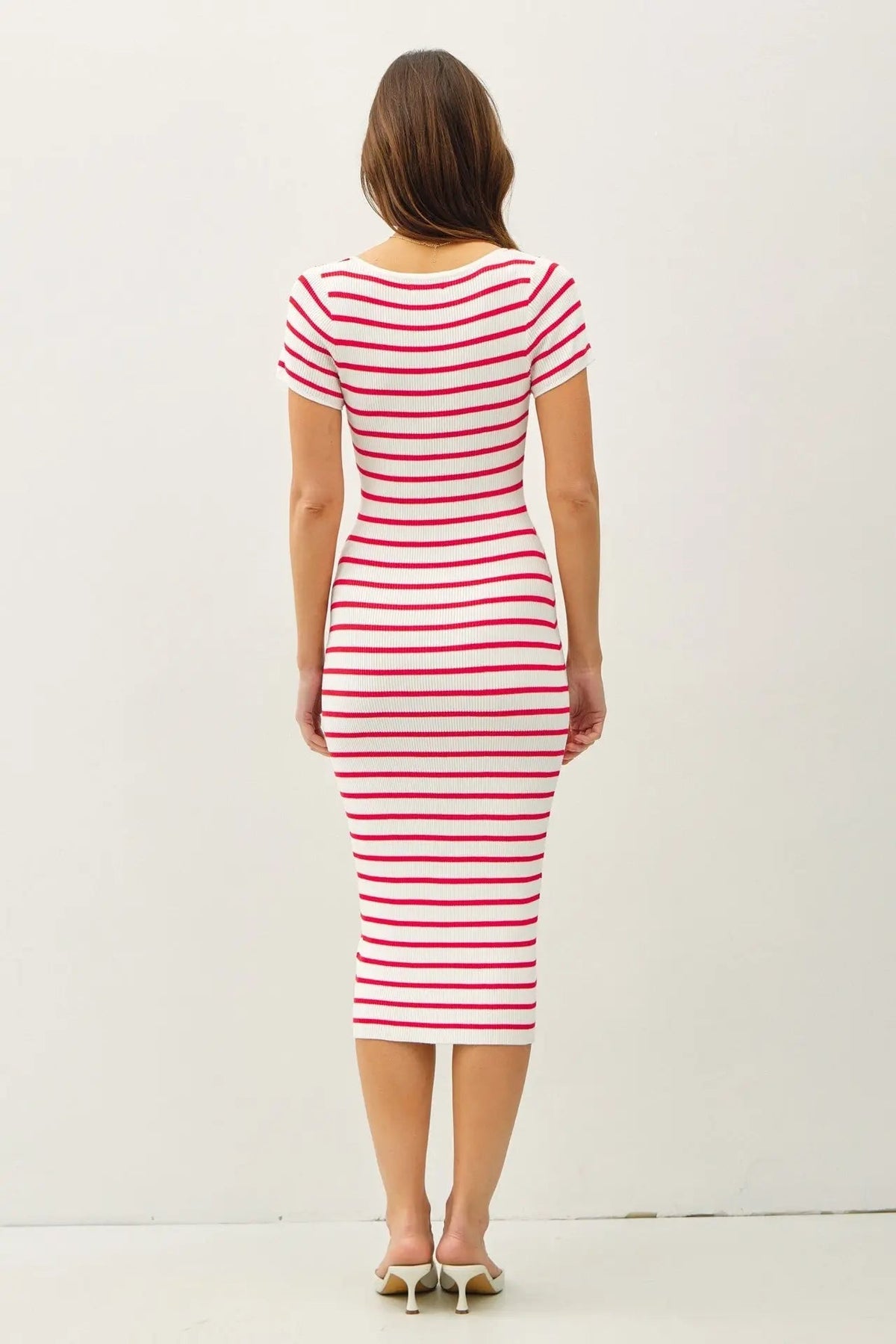 PinkBlush Red Striped Square Neck Short Sleeve Midi Dress - 