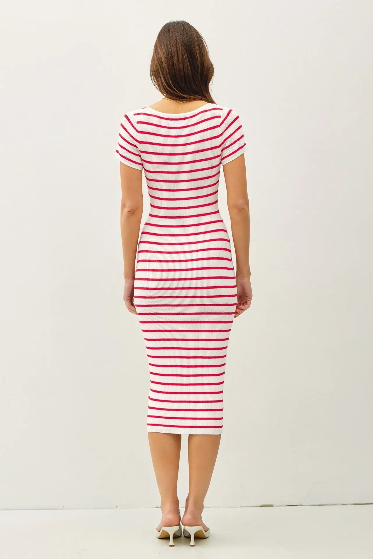 PinkBlush Red Striped Square Neck Short Sleeve Midi Dress - 