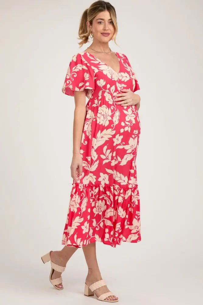PinkBlush Red Tropical Print Ruffle Maternity Midi Dress - 