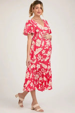 PinkBlush Red Tropical Print Ruffle Maternity Midi Dress - 