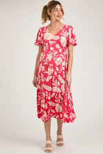 PinkBlush Red Tropical Print Ruffle Maternity Midi Dress - 