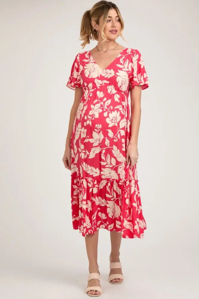 PinkBlush Red Tropical Print Ruffle Maternity Midi Dress - 