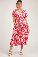 Red Tropical Print Ruffle Maternity Midi Dress - Day Dress, One-piece garment, Dress, Waist, Cocktail dress | Everetts Place