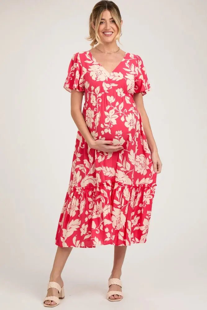 Red Tropical Print Ruffle Maternity Midi Dress - Day Dress, One-piece garment, Dress, Waist, Cocktail dress | Everetts Place