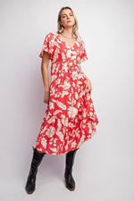 PinkBlush Red Tropical Print Ruffle Maternity Midi Dress - 