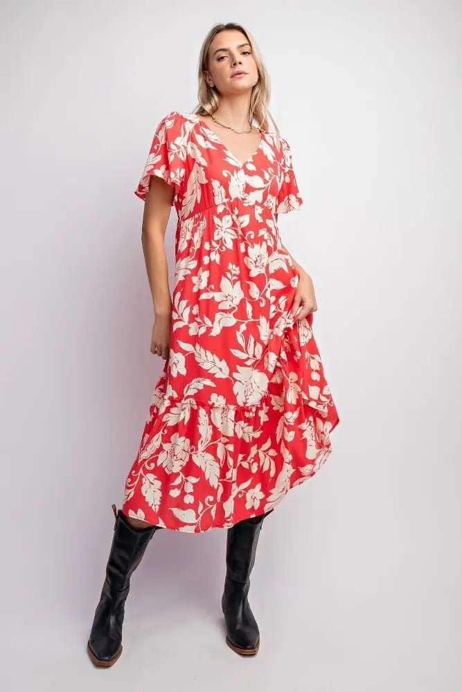PinkBlush Red Tropical Print Ruffle Maternity Midi Dress - 
