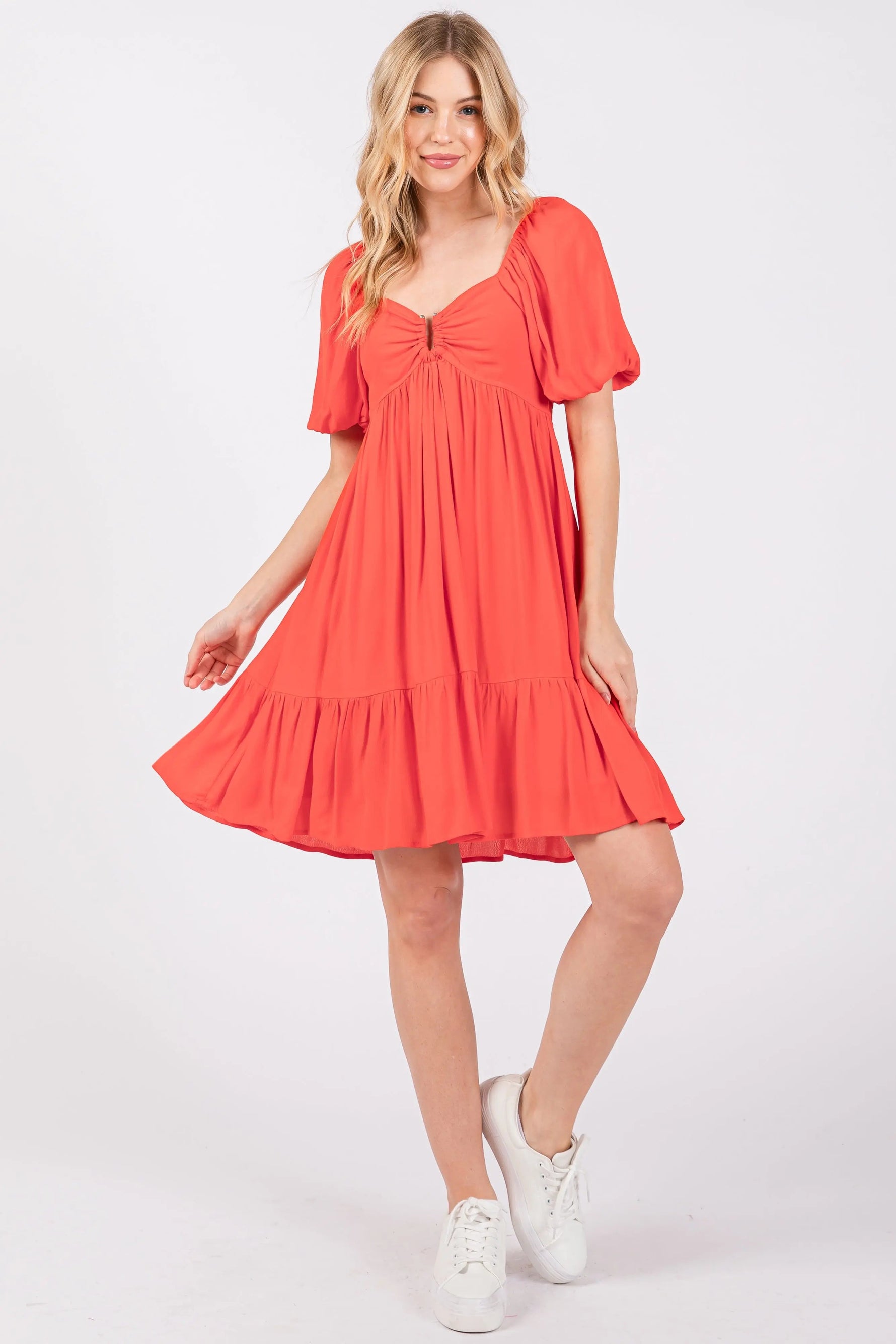 PinkBlush Red U Notched Bubble Short Sleeve Dress - 